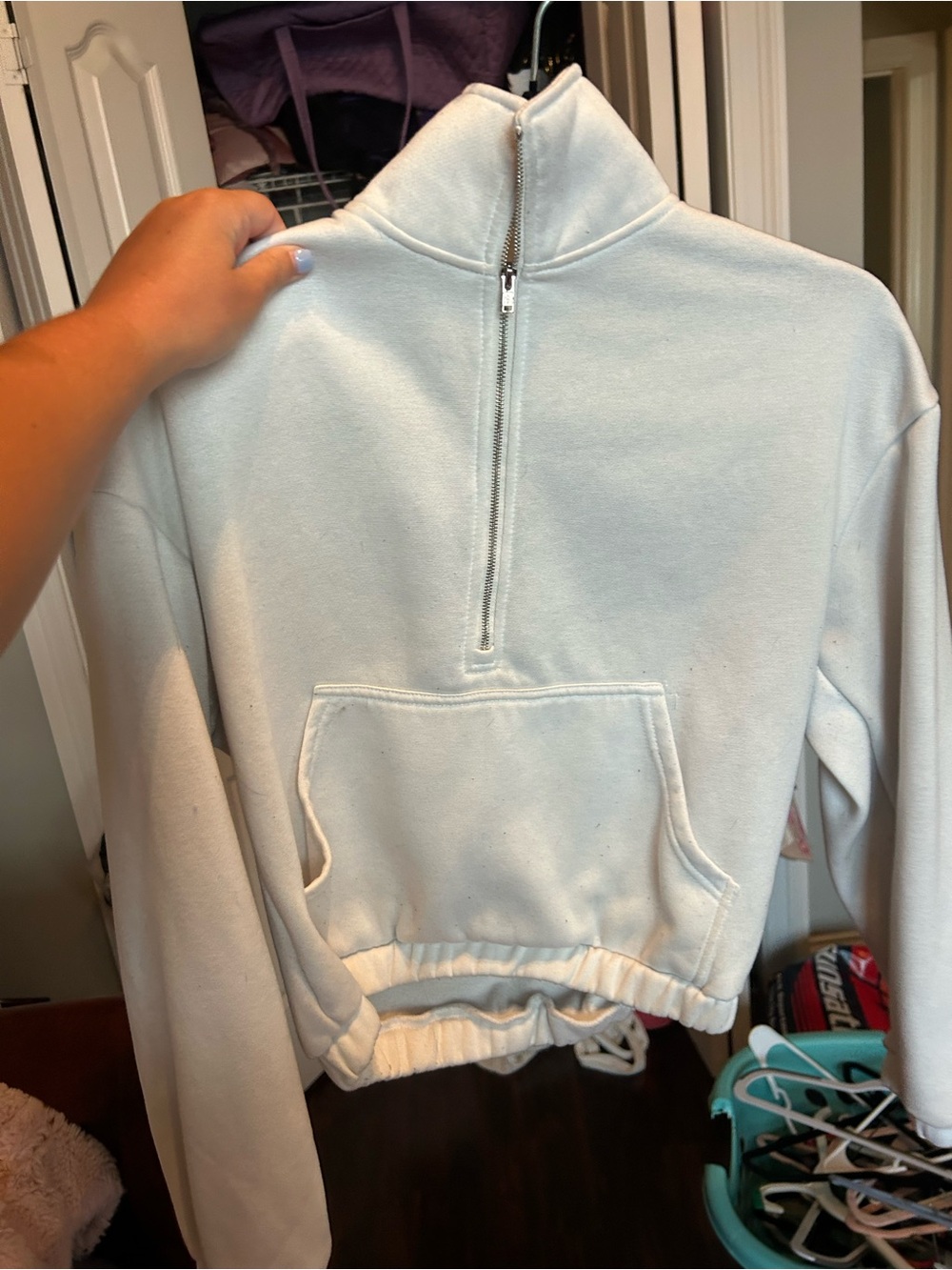 Cropped Half-Zip Pullover Sweatshirt in Light Cream